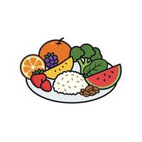 Plate of fruits and vegetables with rice and broccoli vector