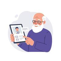 An elderly man with a beard and glasses is holding a tablet with a doctor's picture on it vector