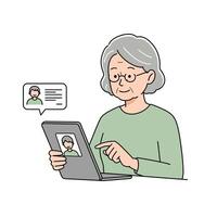 An elderly woman is using a tablet computer with a chat bubble vector