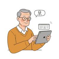 An illustration of an elderly man using a tablet computer vector