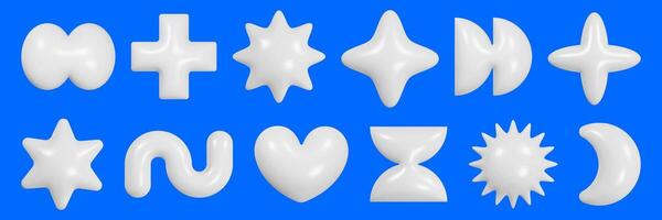 Collection of geometric 3D figures with a glossy plastic texture arranged on a blue background showcasing creativity in design and form. vector