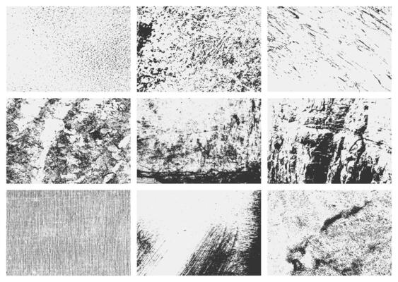 A set collection of overlay textures set with grunge effects, rough scratches, and worn-out grain. Ideal for adding vintage distress to digital artwork.