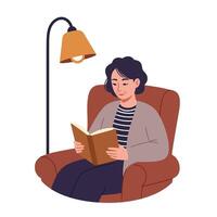 Woman reading book in chair under lamp vector