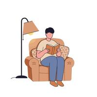 Man reading book sitting on couch illustration vector