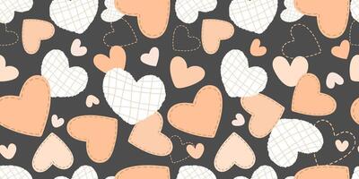 Seamless pattern with patchwork and paper hearts in soft pastel tones on a dark background. The stitched details and fabric inspired textures. illustration for textiles,wallpapers, ift wrapping vector