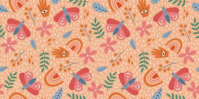 Seamless Butterfly and Floral Pattern with Mystical Motifs, Hand Drawn Botanical Details, and Soft Vibrant Colors on Beige Background for Textile and Craft Design vector