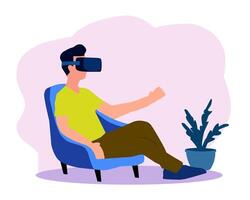 illustration of a man wearing a VR headset, sitting in a chair and exploring virtual reality. Modern technology, gaming, and futuristic experience concept vector