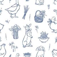 Hand drawn rabbit, goose, hen and spring flowers seamless pattern. Illustration for spring or Easter design vector