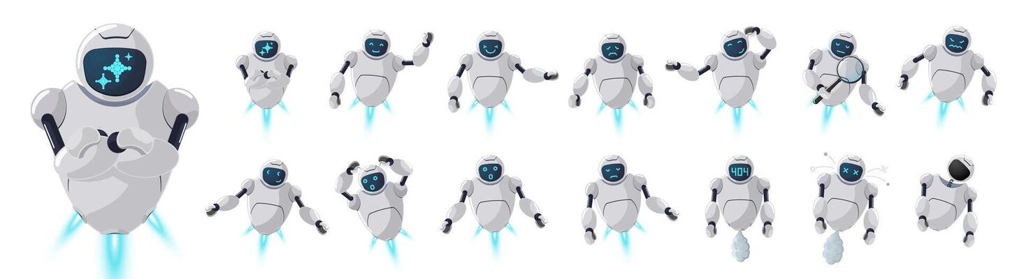 Cute AI robot character set with friendly expressions. Futuristic 3D chatbot mascot for digital assistant, automation or technology application. Online tech or virtual communication theme chat bot