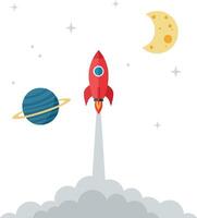 A red rocket launching into space surrounded by stars, a blue planet, and a crescent moon in flat art vector