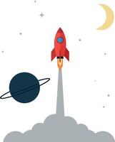 A bright red rocket launching into space amidst stars and a planet in a minimal flat design illustration vector