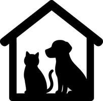 Silhouetted cat and dog sitting together inside a simple house outline in minimal black art vector