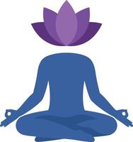 Meditating figure in a serene pose with a purple lotus blossom on their head, showcasing a flat design style in vibrant art vector