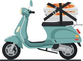 A vintage scooter in teal color carrying pizza boxes, illustrated in a flat design style, showcasing delivery service in art vector