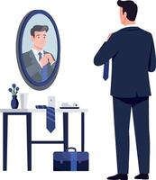A man adjusting his tie in front of a mirror while preparing for work in a minimal and modern illustration vector