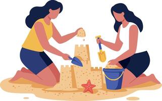 Two women building a sandcastle on a sunny beach in a flat illustration style, showcasing teamwork and creativity in a playful atmosphere art vector
