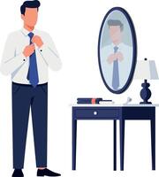 A man adjusting his tie in front of a mirror, dressed in formal attire, minimalist design, showcasing confidence and preparation, illustration vector
