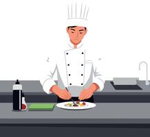 Chef in a white uniform meticulously plating colorful gourmet food on a round plate in a minimal illustration vector