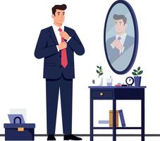 Professional man adjusting his tie in front of a mirror in a minimal style illustration vector