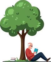 An elderly man reading a book under a large green tree in a flat illustration depicting a serene outdoor scene vector