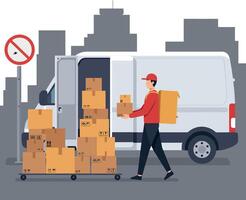 Delivery worker carrying a cardboard box beside a parked van in a city setting, flat illustration vector