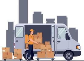 Delivery worker unloading cardboard boxes from a delivery van in a bustling city skyline, flat art vector