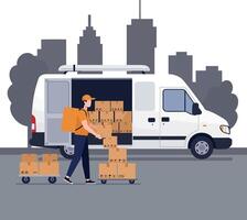 Delivery worker loading cardboard boxes into a delivery van against an urban backdrop in a flat illustration vector