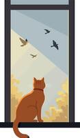 A curious orange cat sitting on a windowsill gazing at birds flying outside in a minimal illustration vector