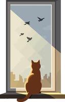 A brown cat sitting on a windowsill gazing at flying birds in a minimalistic illustration vector