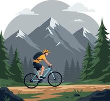 A cyclist riding along a dirt path surrounded by tall evergreen trees and majestic mountains in a flat illustration vector