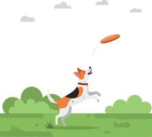 A playful dog leaping joyfully to catch a flying frisbee in a vibrant green park, featuring flat design art vector