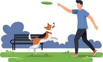 A man playfully throwing a frisbee to his excited dog in a park setting, flat illustration vector