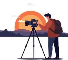 Photographer capturing a stunning sunset with a camera on a tripod in a flat art style vector