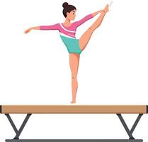 A gymnast performing an elegant balance routine on a wooden beam in a flat illustration showcasing athleticism and concentration vector