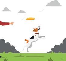 A playful dog leaping joyfully to catch a flying frisbee in a vibrant green park, flat illustration vector