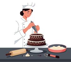 A skilled baker decorating a chocolate cake with intricate icing designs in a minimal flat art style vector