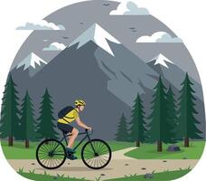 A cyclist wearing a yellow helmet rides along a winding path surrounded by towering mountains and lush pine trees in flat art vector