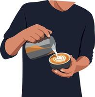 A barista skillfully pouring frothed milk into a coffee cup in a minimal flat design illustration vector