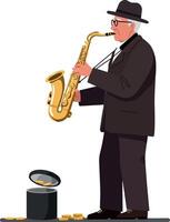 An elderly man playing a golden saxophone while standing beside a can filled with coins in flat art vector