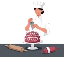 A professional pastry chef decorating a delicious cake with icing in a bright, minimal kitchen setting illustration vector