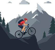 A mountain biker in a red helmet and jersey navigating a steep rocky trail amidst towering pine trees in a minimal illustration vector