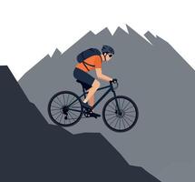A cyclist in an orange shirt navigating a steep mountain trail in flat art style, showcasing adventure and determination in the scene vector
