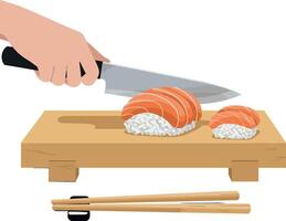 A hand skillfully slicing fresh salmon sushi on a wooden cutting board in minimal art style, showcasing culinary precision and artistry in food preparation illustration vector