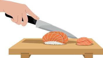 Hand slicing fresh salmon fillet on a wooden cutting board in a minimal art style vector