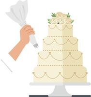 A hand elegantly decorating a multi-tiered wedding cake with intricate piping in a minimal and clean design style, showcasing art vector