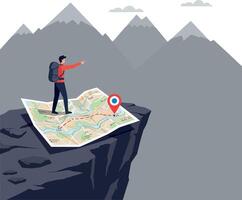 A hiker standing on a rocky cliff while pointing at a detailed map in flat art vector