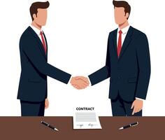 Two business professionals shaking hands over a contract on a wooden table in a minimal and professional illustration vector