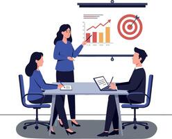 Business team engaging in a presentation with charts and graphs in a flat illustration style vector