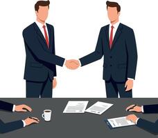 Two business professionals in suits shaking hands at a conference table in a flat illustration conveying teamwork and agreement vector
