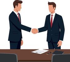 Two business professionals in suits shaking hands over a table in a flat illustration depicting collaboration and agreement vector